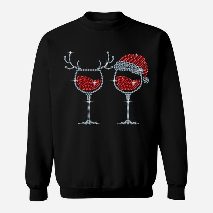 Wine Glass Santa Hat Reindeer Funny Drinking Team Christmas Sweatshirt