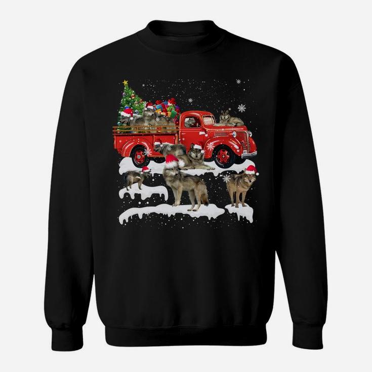 Wolf Riding Red Truck Merry Christmas X-Mas Ugly Gift Sweatshirt