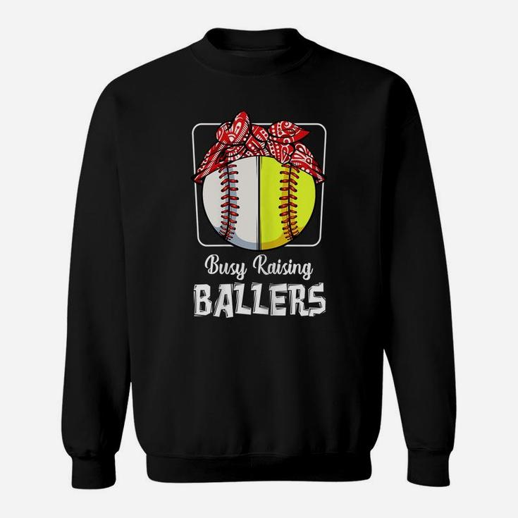 Womens Busy Raising Ballers Softball Funny Baseball Mom Sport Sweatshirt