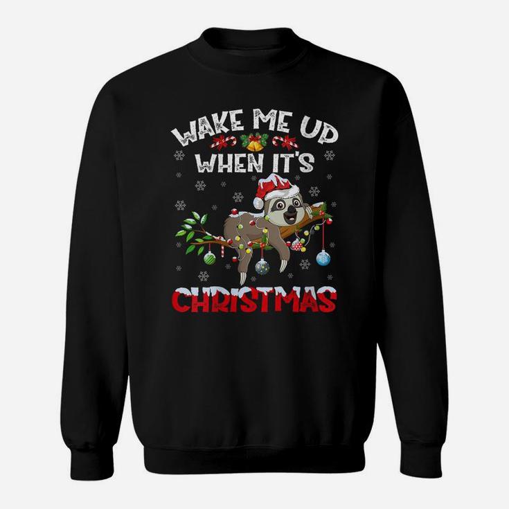Womens Funny Santa Hat Wake Me Up When It's Christma Sloth Sweatshirt