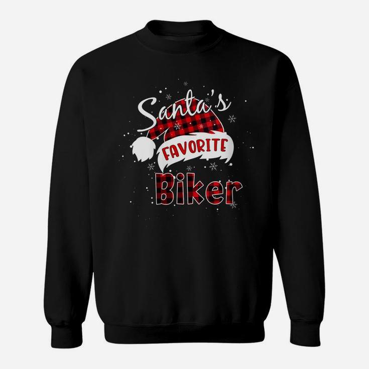 Womens Funny Santa's Favorite Biker Christmas Plaid Buffalo Xmas Sweatshirt