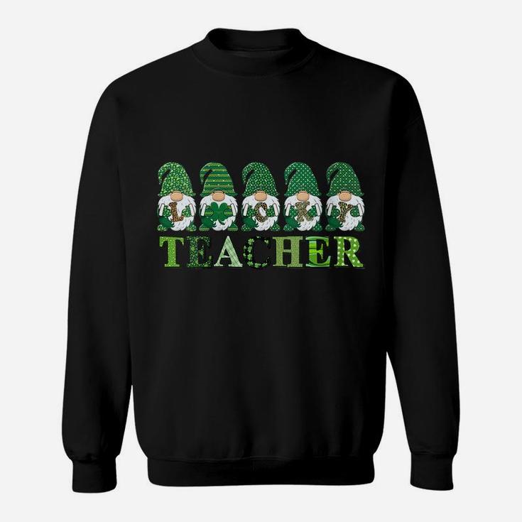 Womens Lucky Teacher Gnomes St Patricks Day Leopard Print Shamrocks Sweatshirt