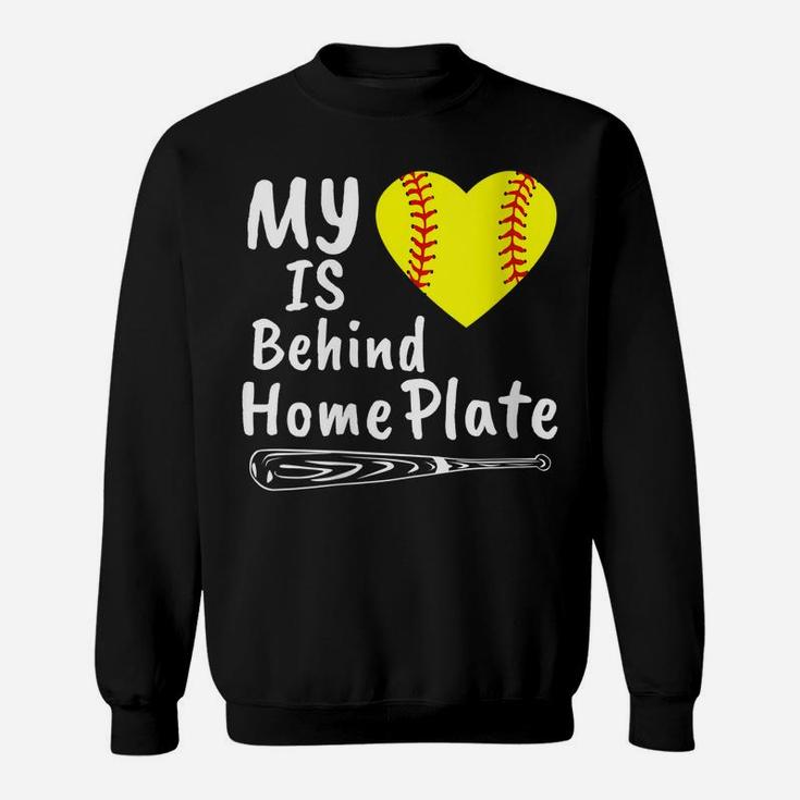Womens My Heart Is Behind Home Plate Softball Proud Mom Dad Gift Sweatshirt