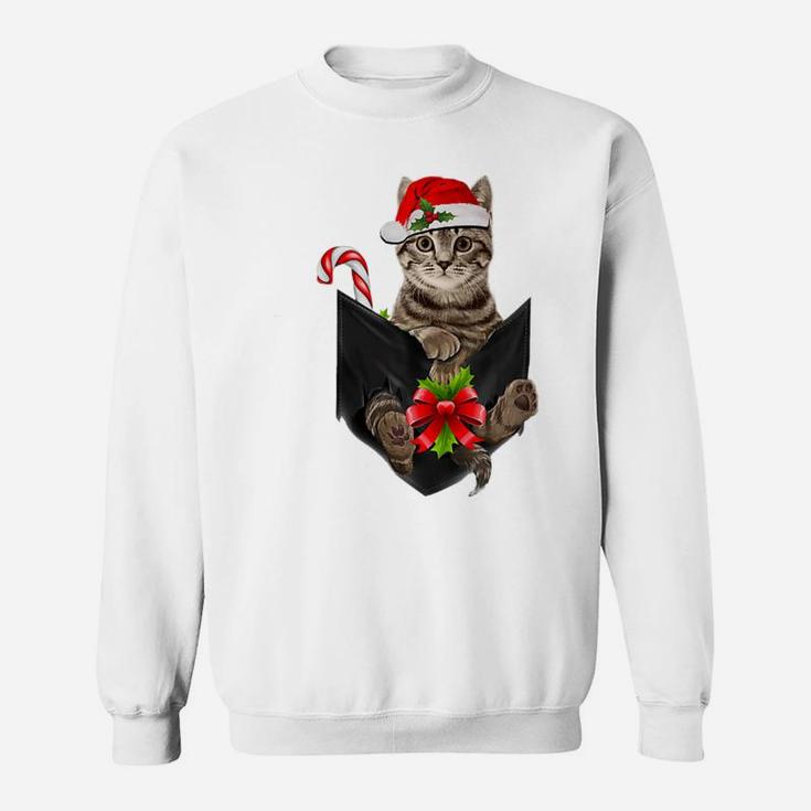 Brown Cat Santa Hat In Pocket - Christmas Cat Lovers Pajama Sweatshirt