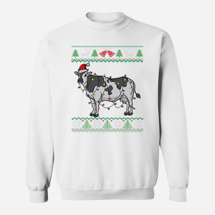 Cow Santa Claus & Lights Funny Dairy Farmer Ugly Christmas Sweatshirt Sweatshirt