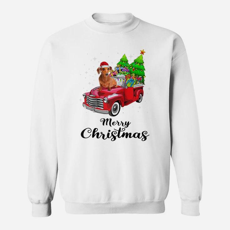 Dachshund Ride Red Truck Christmas Pajama Raglan Baseball Tee Sweatshirt