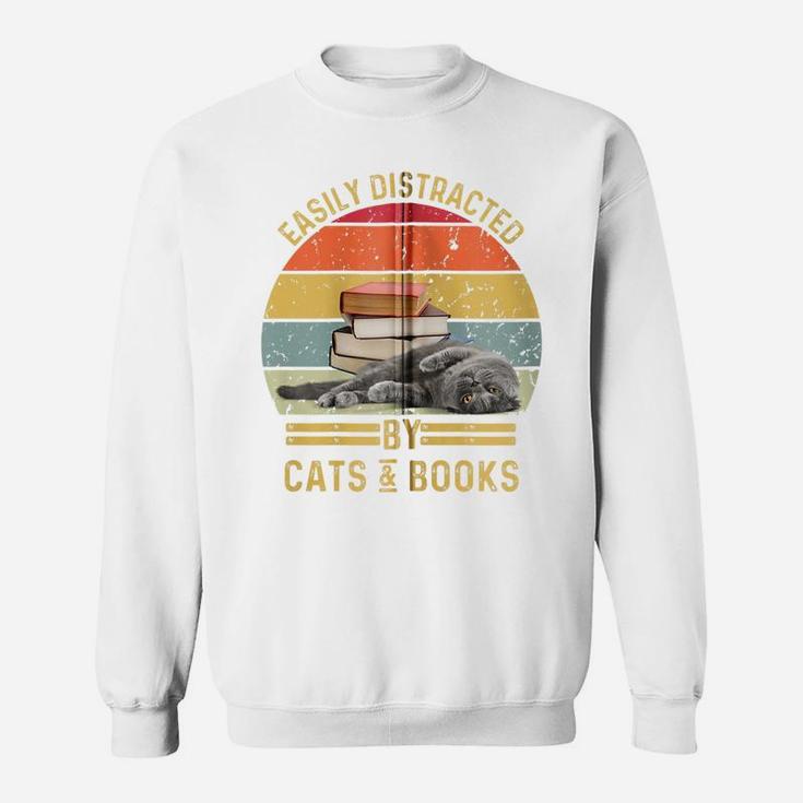 Easily Distracted By Cats And Books Funny Cat And Book Lover Zip Hoodie Sweatshirt