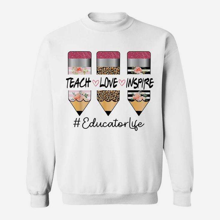 Educator Life Teach Inspire Love Three Crayon Leopard Flower Sweatshirt