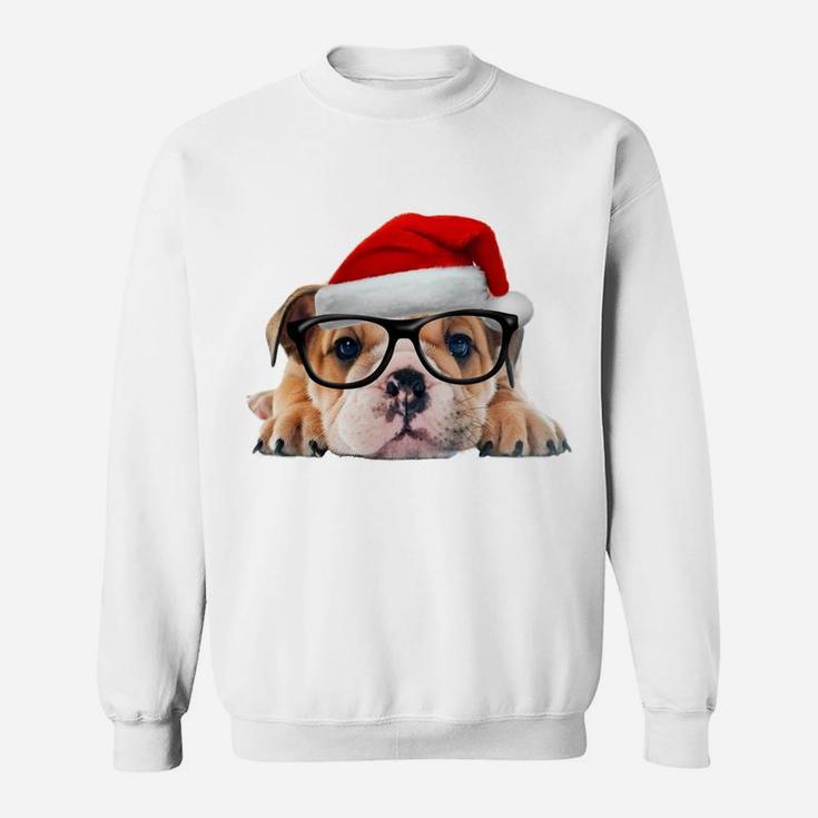 English Bulldog Puppy Glasses Dog Santa Hat Christmas Gift Sweatshirt Sweatshirt