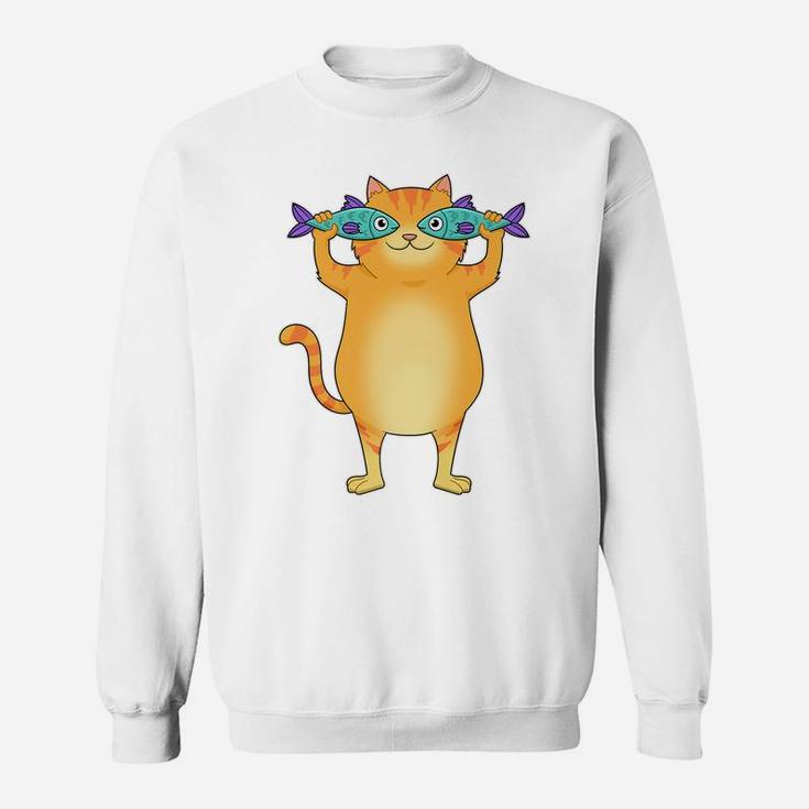 Fat Cat Catching Fish Fishy Eyes Pet Kitty Lovers Cute Sweatshirt