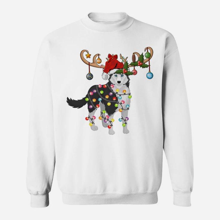 Funny Lighting Santa Hat Reindeer Siberian Husky Christmas Sweatshirt Sweatshirt