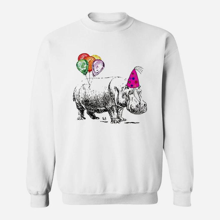 Hippo Wearing A Birthday Hat With Party Balloons Par Sweatshirt