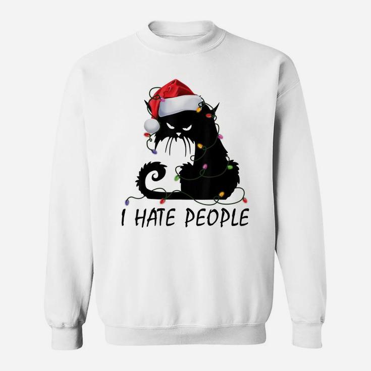I Hate People Black Cat Santa Hat Christmas Light Xmas Gifts Sweatshirt