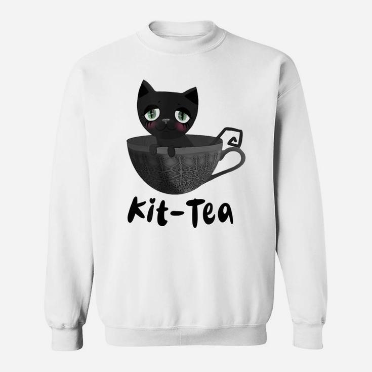 Kit-Tea Kitty Lovers Funny Black Cat Dark Grey Teacup Cute Sweatshirt