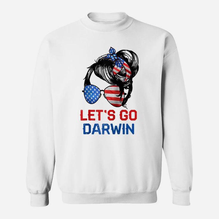 Let's Go Darwin Shirt Women Girl Lets Go Usa Flag Messy Bun Raglan Baseball Tee Sweatshirt