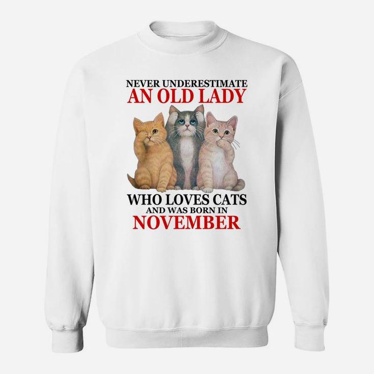 Never Underestimate An Old Lady Who Loves Cats - November Sweatshirt