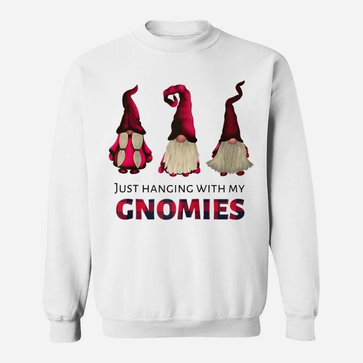 Three Gnomes - Just Hanging With My Gnomies Buffalo Plaid Raglan Baseball Tee Sweatshirt