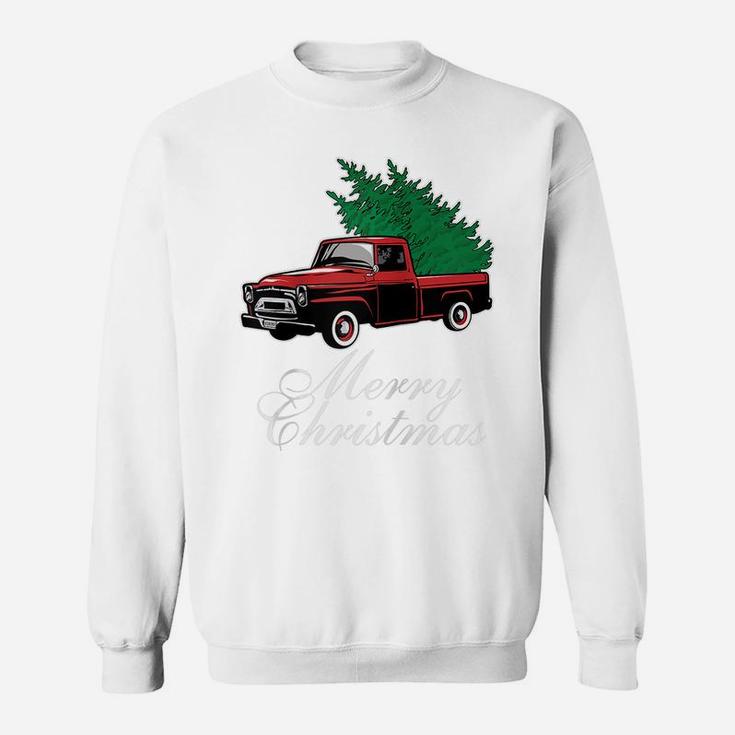 Vintage Red Truck Christmas Tree Merry Xmas Family Pajamas Raglan Baseball Tee Sweatshirt