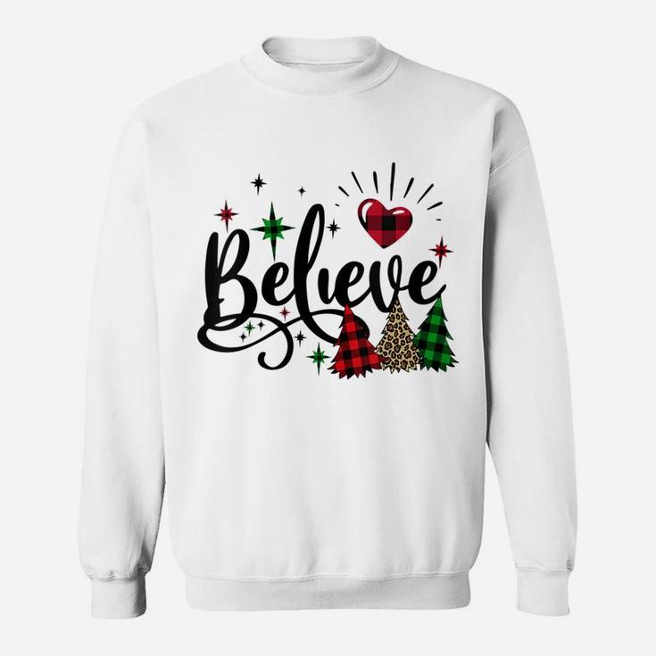 Womens Believe Heart Peace Love Christmas Buffalo Plaid Xmas Tree Sweatshirt