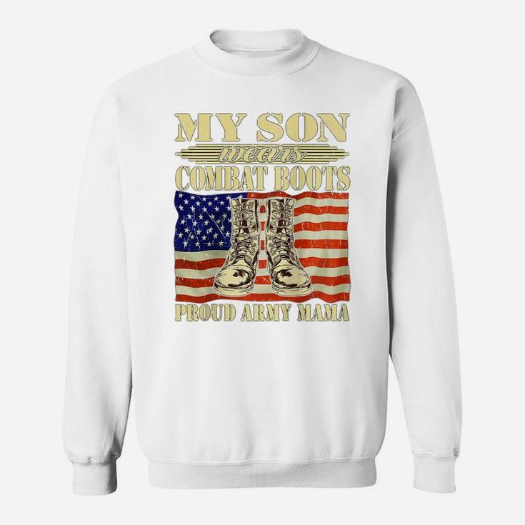 Womens My Son Wears Combat Boots Proud Army Mama Military Mom Gift Raglan Baseball Tee Sweatshirt