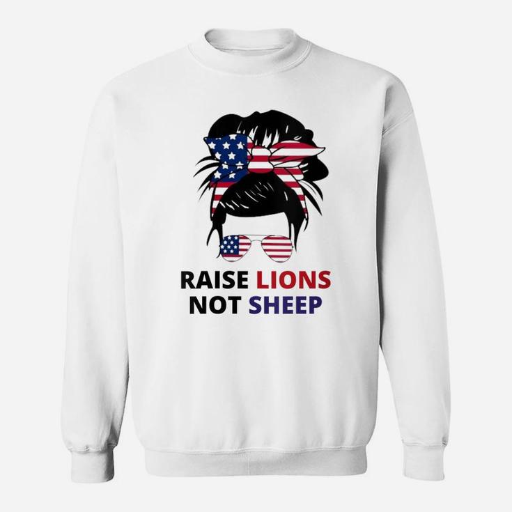 Womens Raise Lions Not Sheep American Flag Sunglasses Messy Bun Sweatshirt