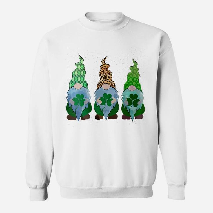 Womens Three Gnomes Shamrocks Buffalo Plaid Leopard St Patrick Day Sweatshirt
