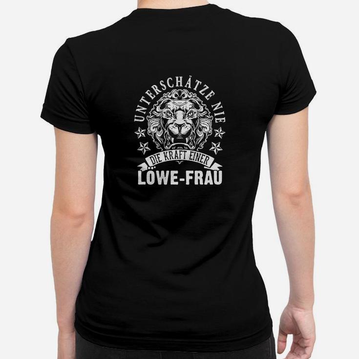 Damen Frauen Tshirt Löwenmotiv Kraft einer Löwe-Frau, Schwarzes Frauen Tshirt mit Spruch