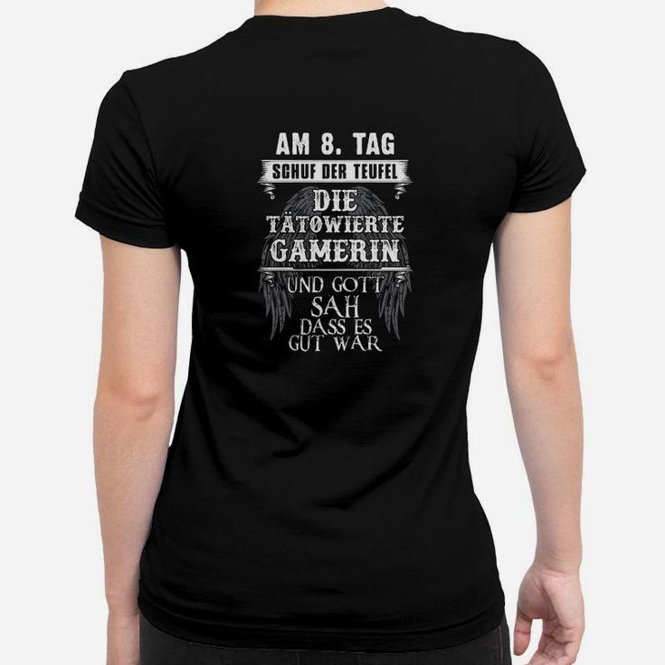 Schwarzes Gaming-Frauen Tshirt: Am 8. Tag schuf Teufel tätowierte Gamerin Spruch
