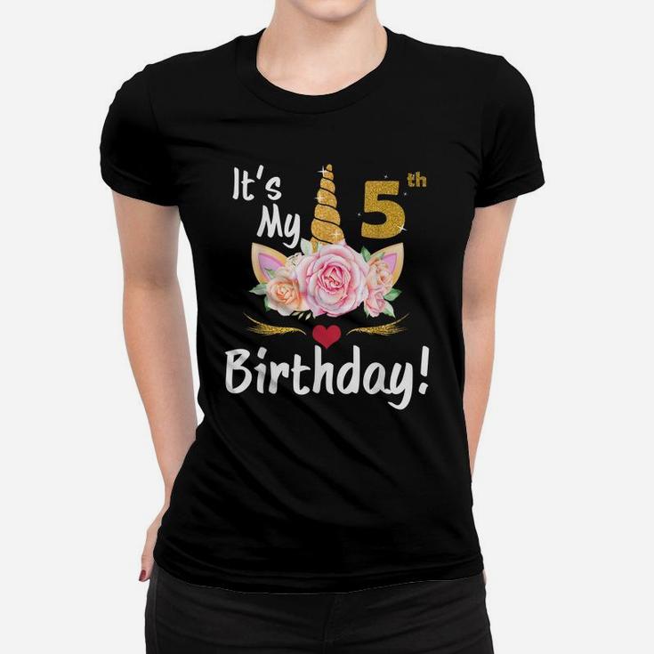 5Th Birthday Girl 5 Years Old Awesome Unicorn Flower Bday Women T-shirt