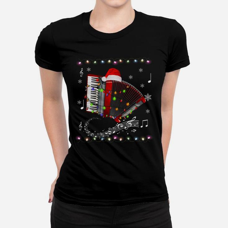 Accordion Instrument Santa Hat Christmas Lights Xmas Gifts Women T-shirt