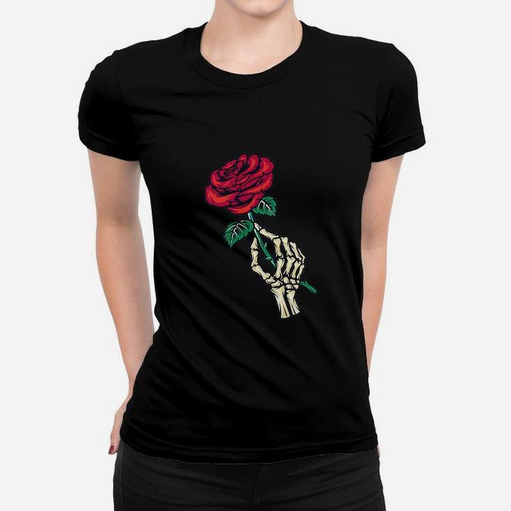 Aesthetic Streetwear Goth Skeleton Hand Red Rose Flower Gift Women T-shirt