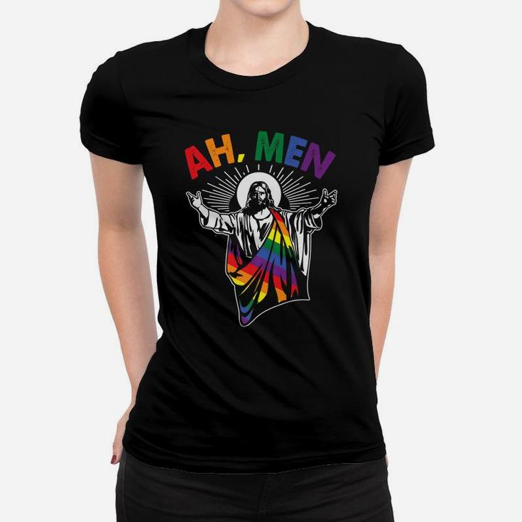 Ah Men Funny Lgbt Gay Pride Jesus Rainbow Flag Christian Women T-shirt