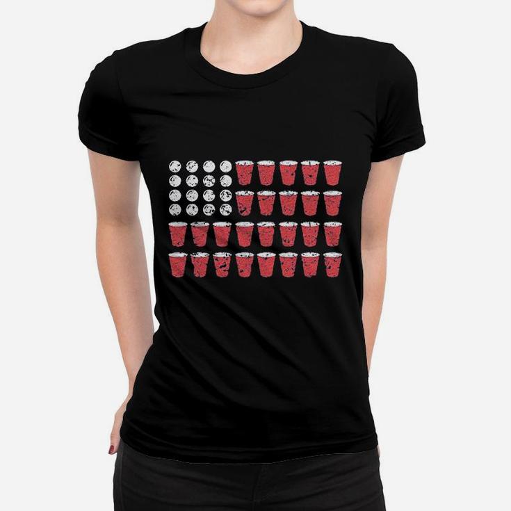 American Flag Beer Pong Funny Fourth Of July Drinking Women T-shirt