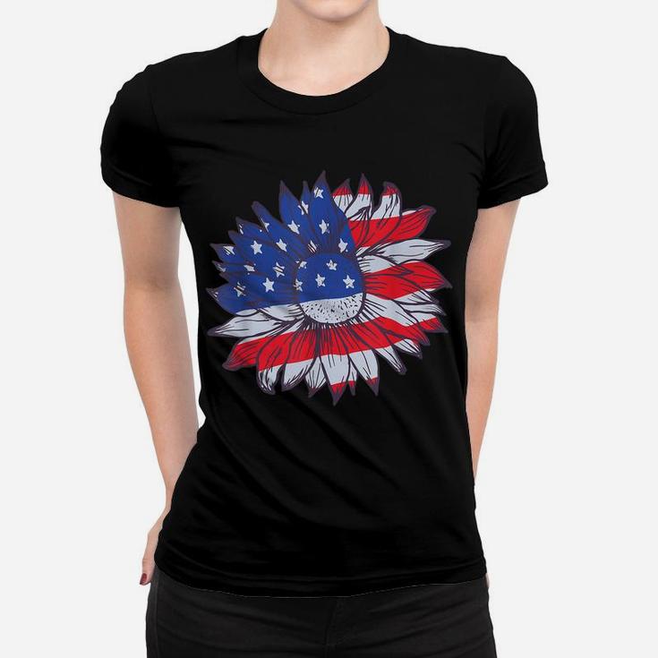 American Flag Sunflower Blooming Summer Flower Patriotic Women T-shirt