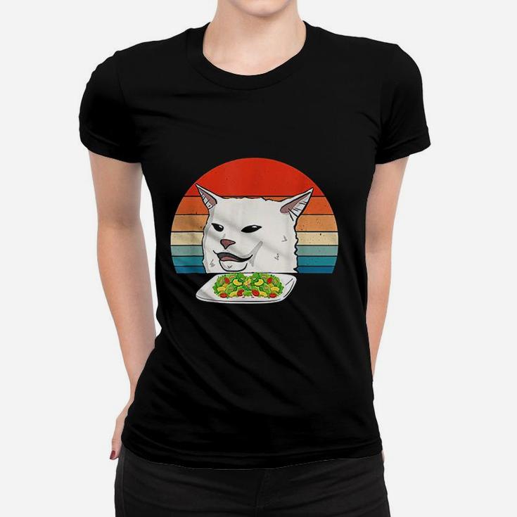 Angry Women Yelling At Confused Cat At Dinner Table Meme Women T-shirt