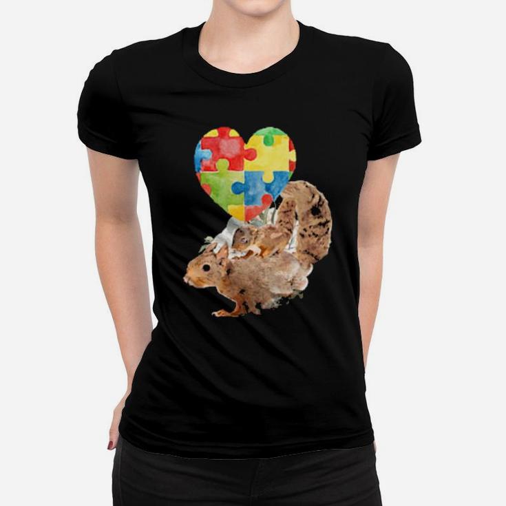 Autism Awareness Mommy Squirrel With Baby Puzzle Heart Love Women T-shirt