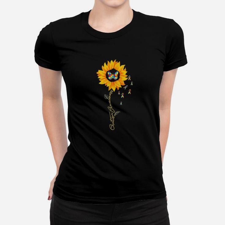Autism Awareness Puzzle Pieces Butterfly In Sunflower Women T-shirt