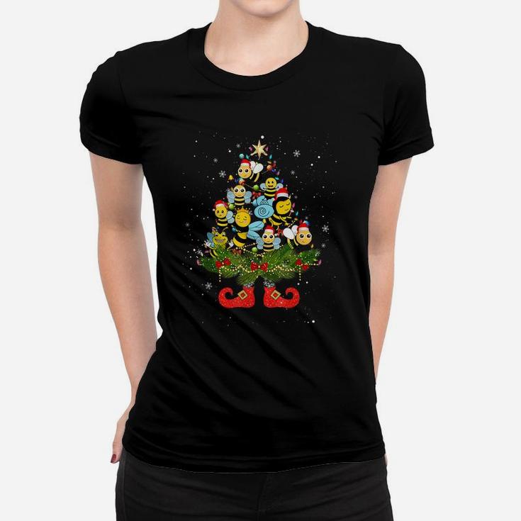 Bees Christmas Tree Lights Funny Santa Hat Lover Women T-shirt