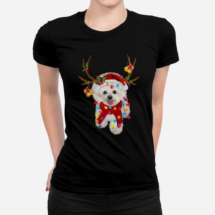 Bichon Frise Ready For Xmas Funny Bulldog Reindeer Horn Women T-shirt