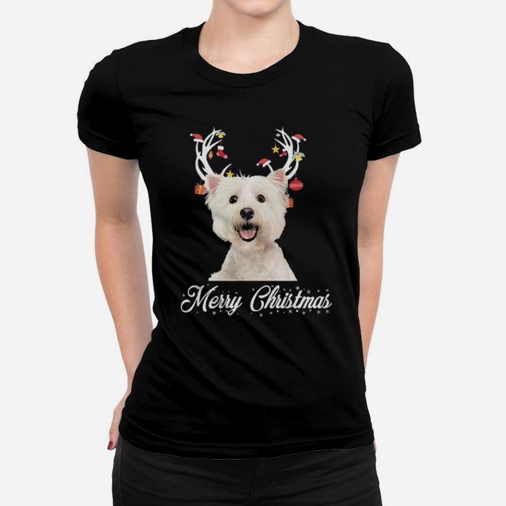 Bichon Frise Reindeer Horns Merry Xmas Dog Lover Gift Women T-shirt
