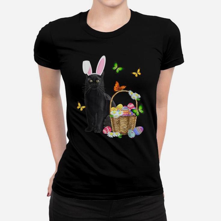 Black Cat Bunny Hat Rabbit Easter Eggs Basket Egg Hunting Women T-shirt
