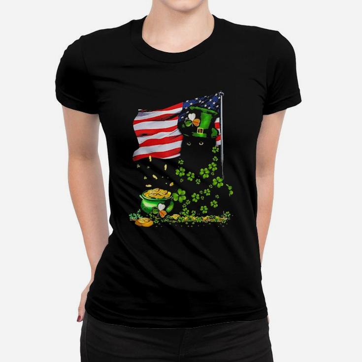 Black Cat Usa Flag Patrick Day Women T-shirt