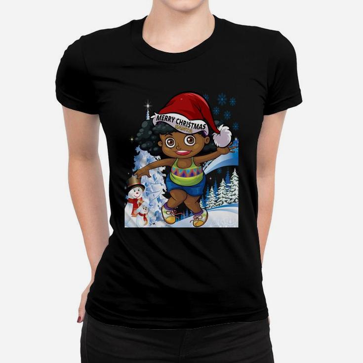 Black Girl Melanin Puffs Afro Santa Snowman Merry Christmas Sweatshirt Women T-shirt