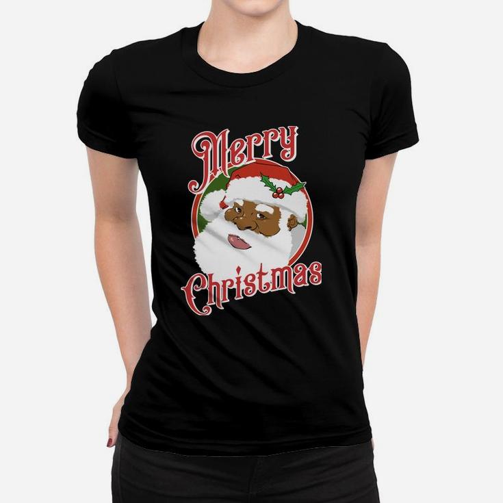 Black Merry Christmas African American Santa Claus Women T-shirt