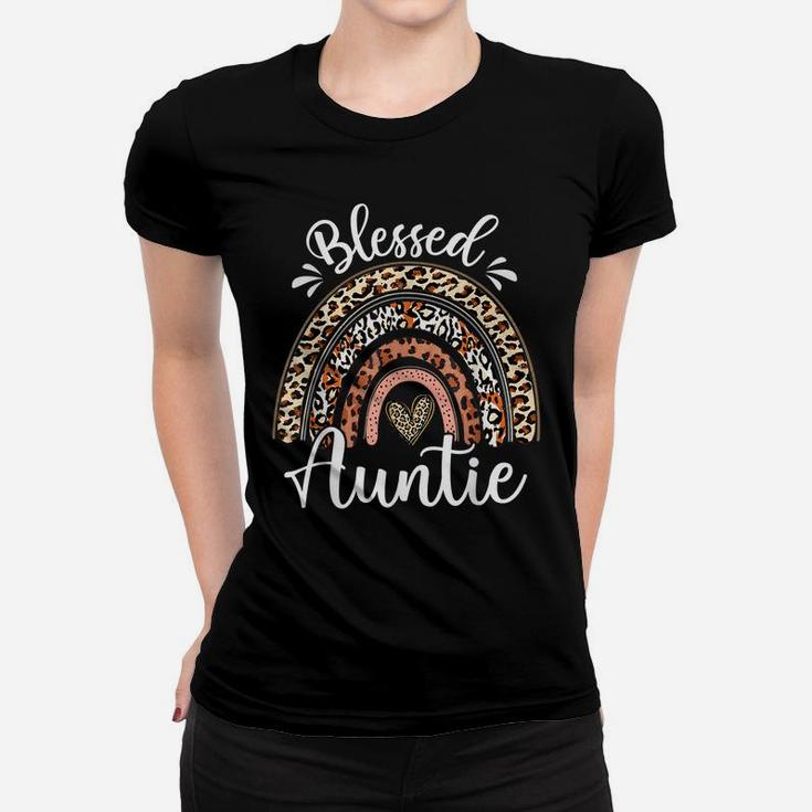 Blessed Auntie Funny Leopard Boho Rainbow Auntie Life Women T-shirt