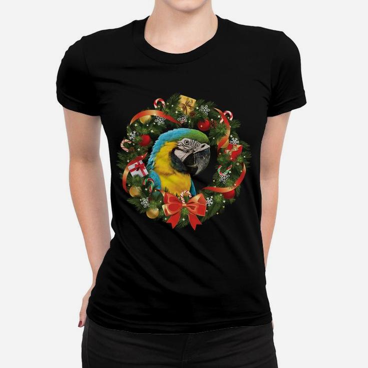 Blue & Gold Macaw Parrot Christmas Wreath Sweatshirt Women T-shirt