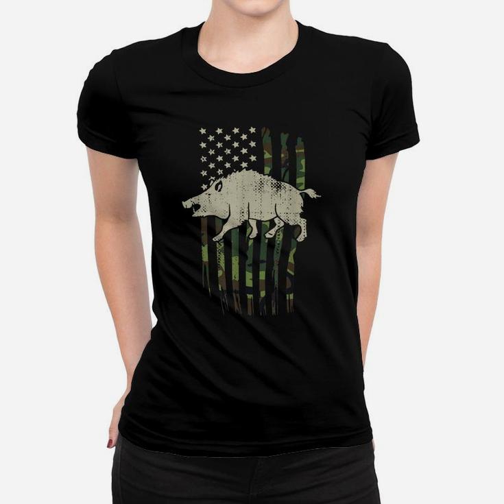Boar Hunting Camouflage American Flag Hog Hunter Women T-shirt