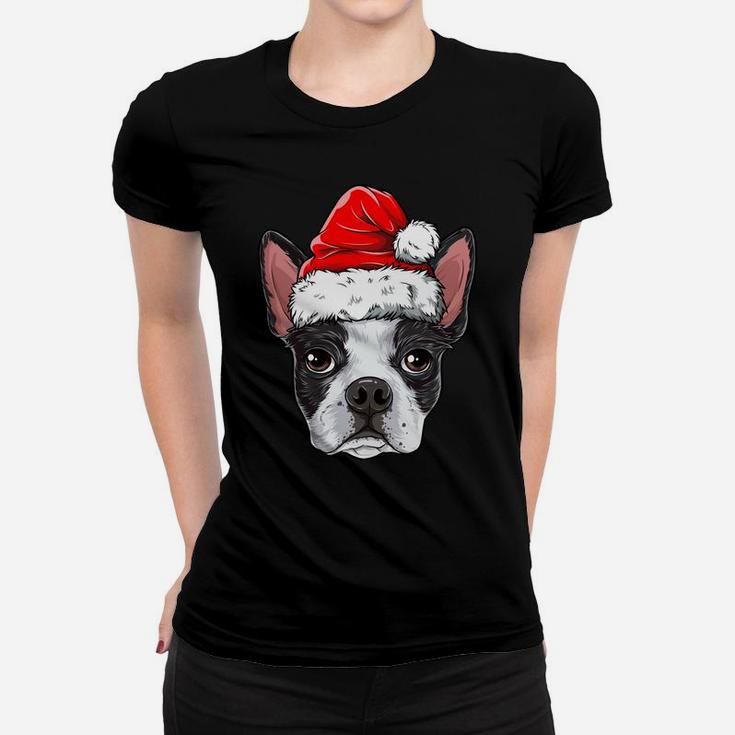 Boston Terrier Christmas Dog Santa Hat Xmas Boys Kids Girls Sweatshirt Women T-shirt