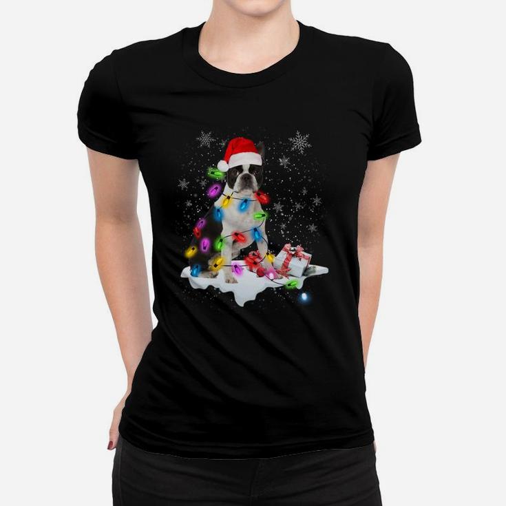 Boston Terrier Dog Santa Christmas Dog Lovers Xmas Lights Sweatshirt Women T-shirt