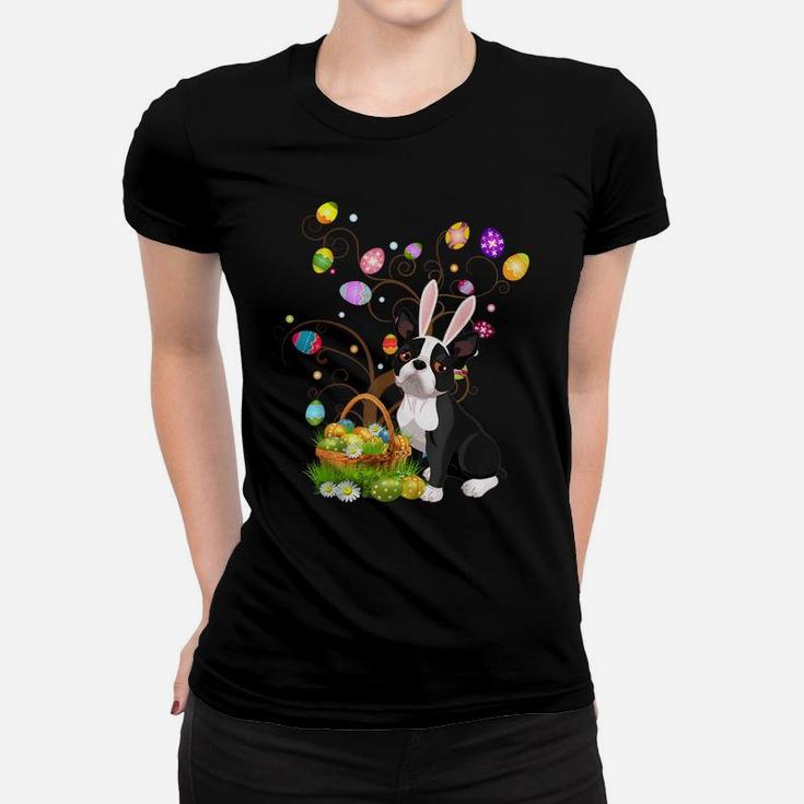 Boston Terrier Pet Dog Hunting Egg Tree Bunny Easter Day Women T-shirt